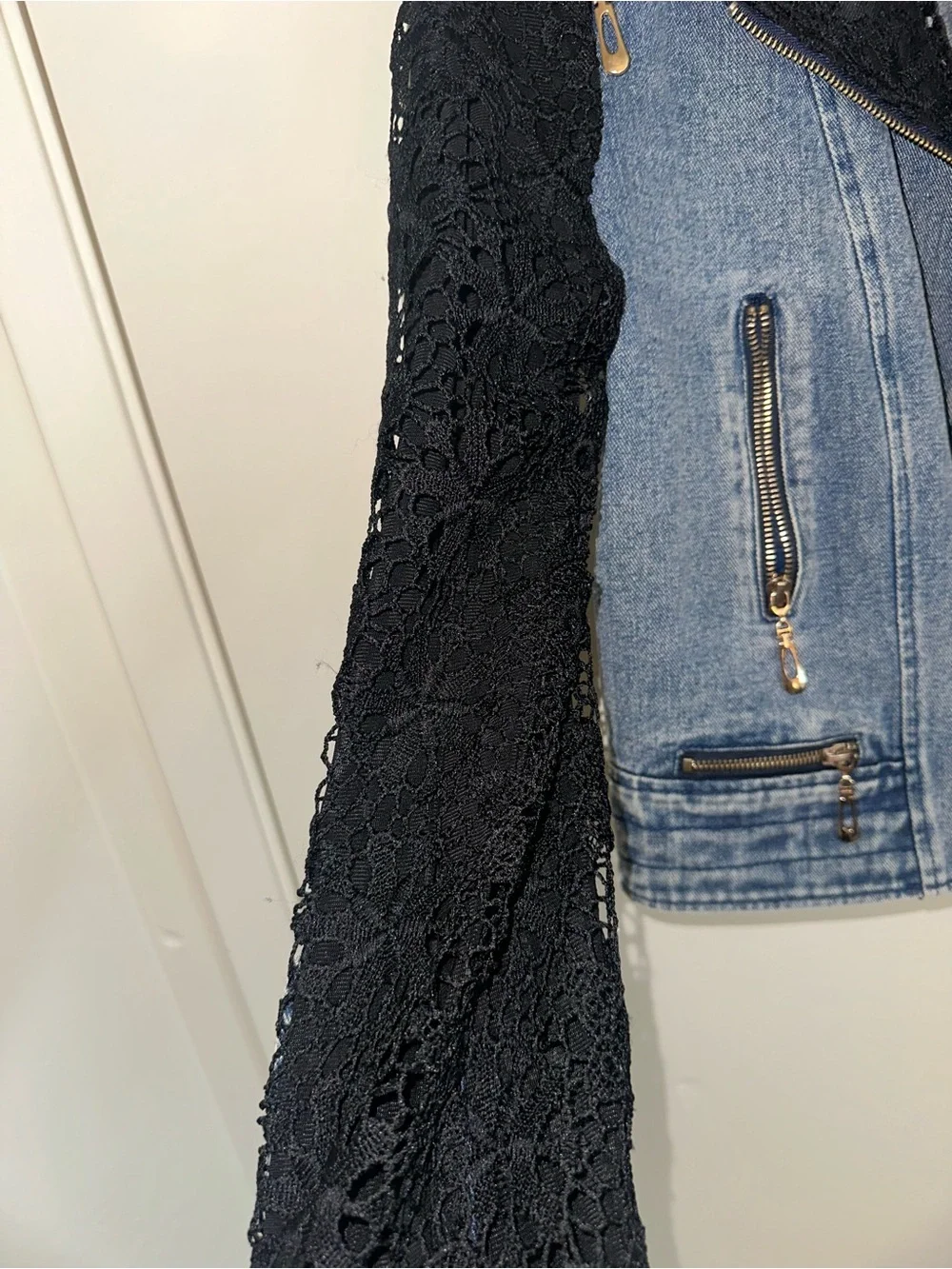 Adore Blue Denim Jacket with Black Lace Sleeves